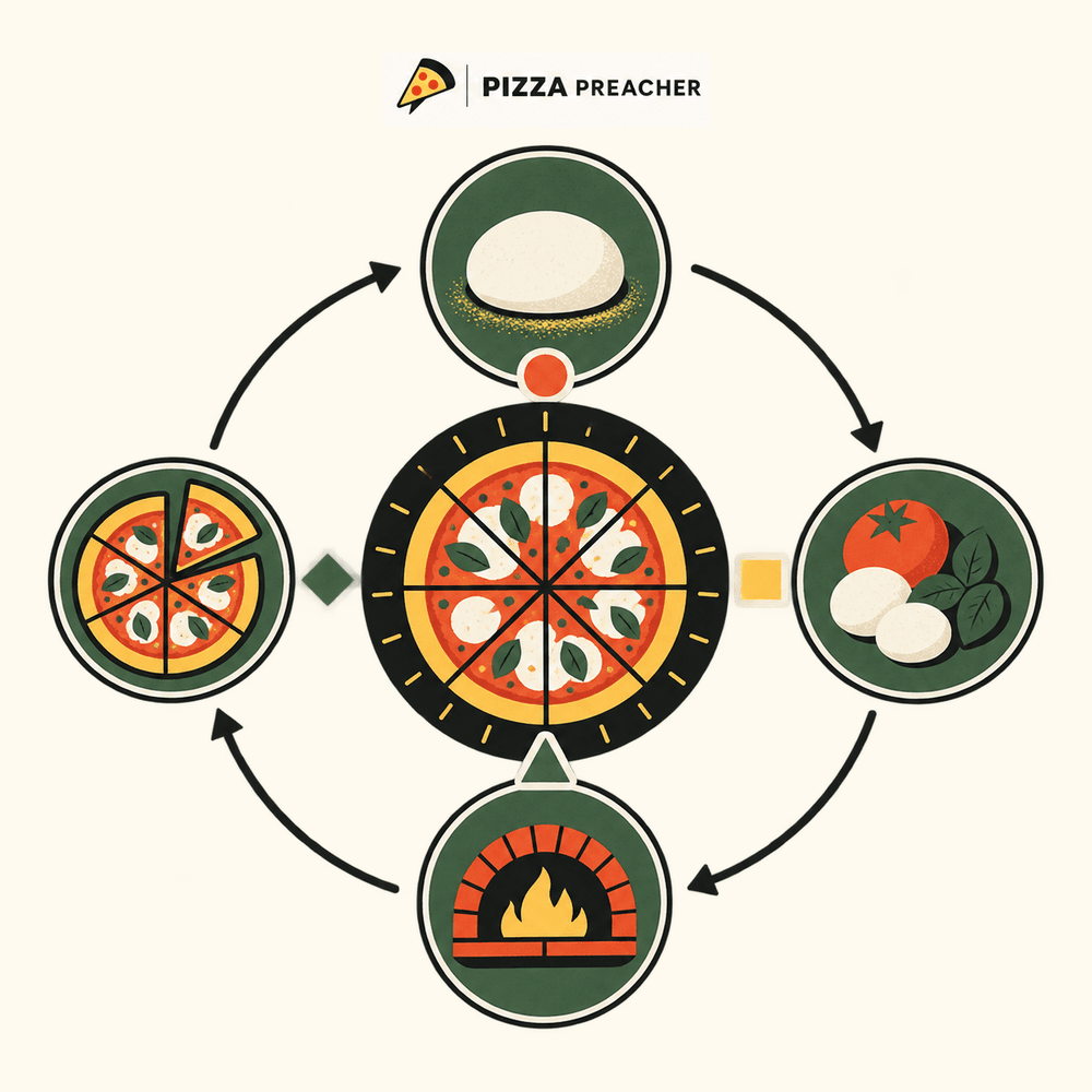 Pizza-night infographic linking dough, ingredients, oven heat and sliced pizza
